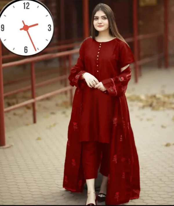 Elegant Women's Stitched Gown Suit - 3 Pcs Embroidered Set in Silk & Banarsi Fabric